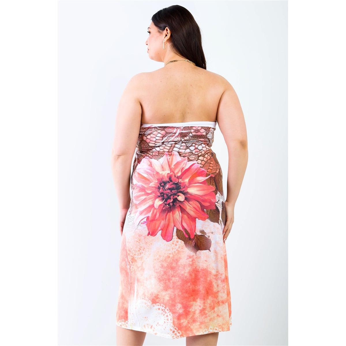 Plus Peach Flower Print Sleeveless Midi Dress-NXTLVLNYC