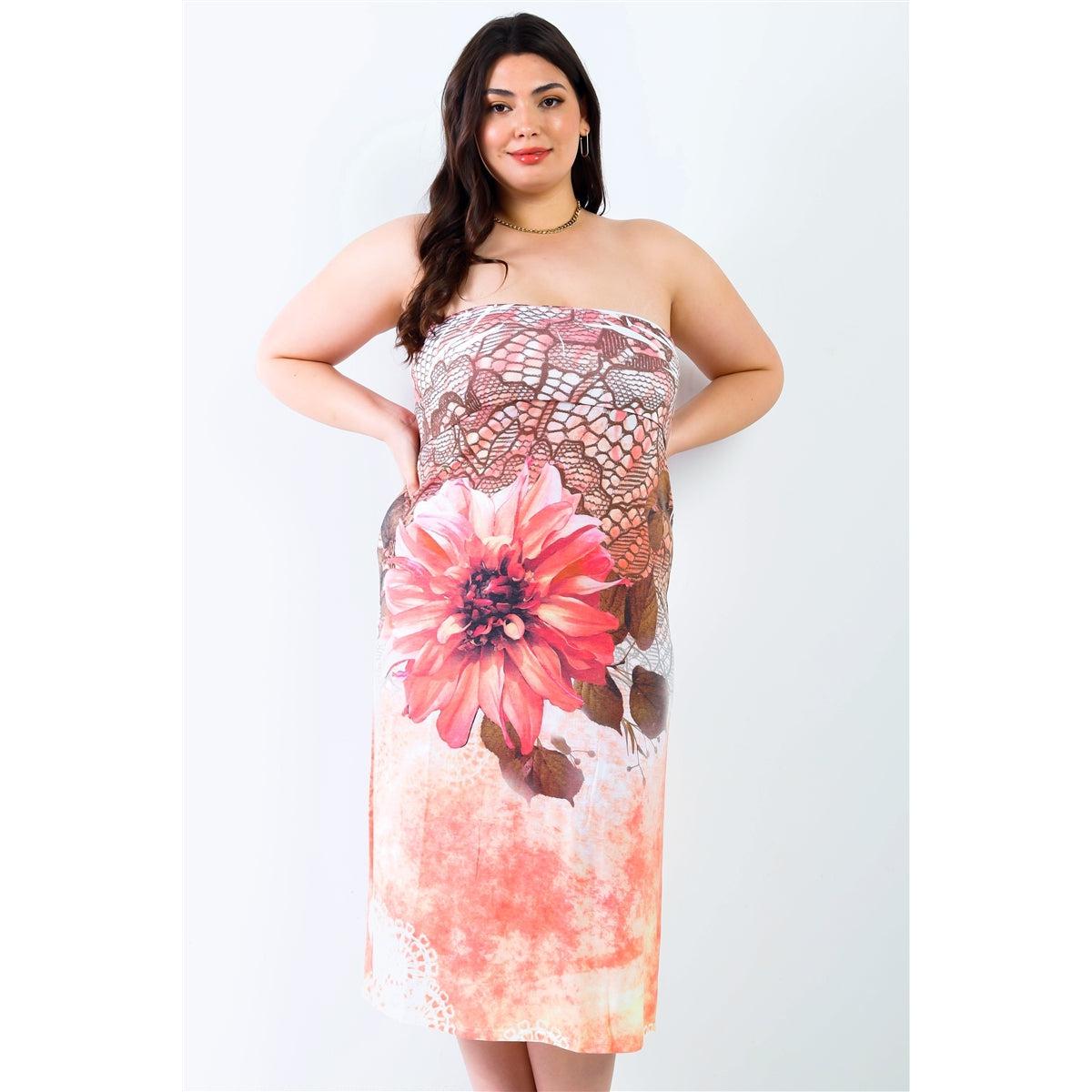 Plus Peach Flower Print Sleeveless Midi Dress-NXTLVLNYC