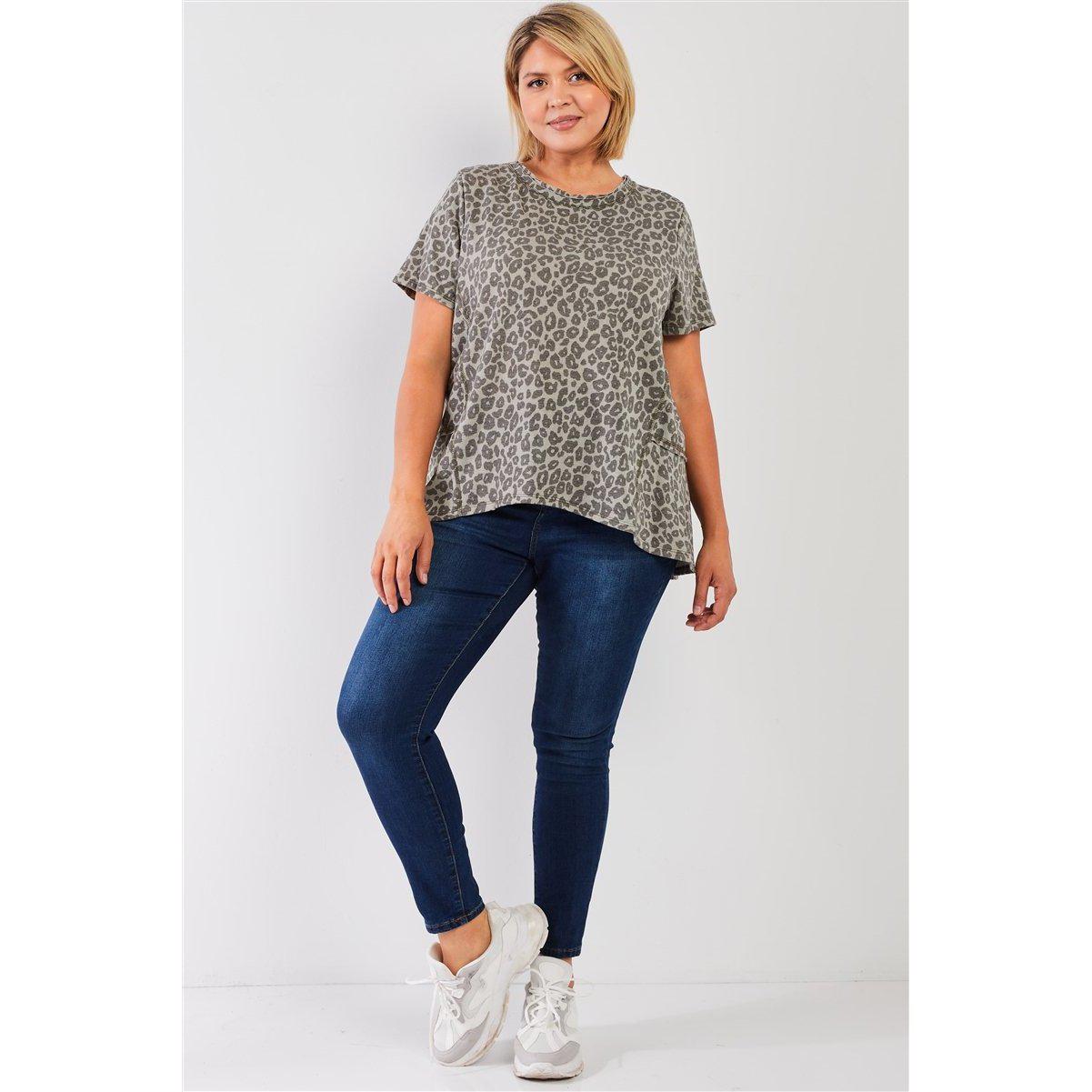Plus Sage Washed Effect Leopard Print Short Sleeve Round Neck Raw Hem & Exposed Stitching Trim Relaxed Top-NXTLVLNYC