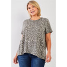 Plus Sage Washed Effect Leopard Print Short Sleeve Round Neck Raw Hem & Exposed Stitching Trim Relaxed Top-NXTLVLNYC