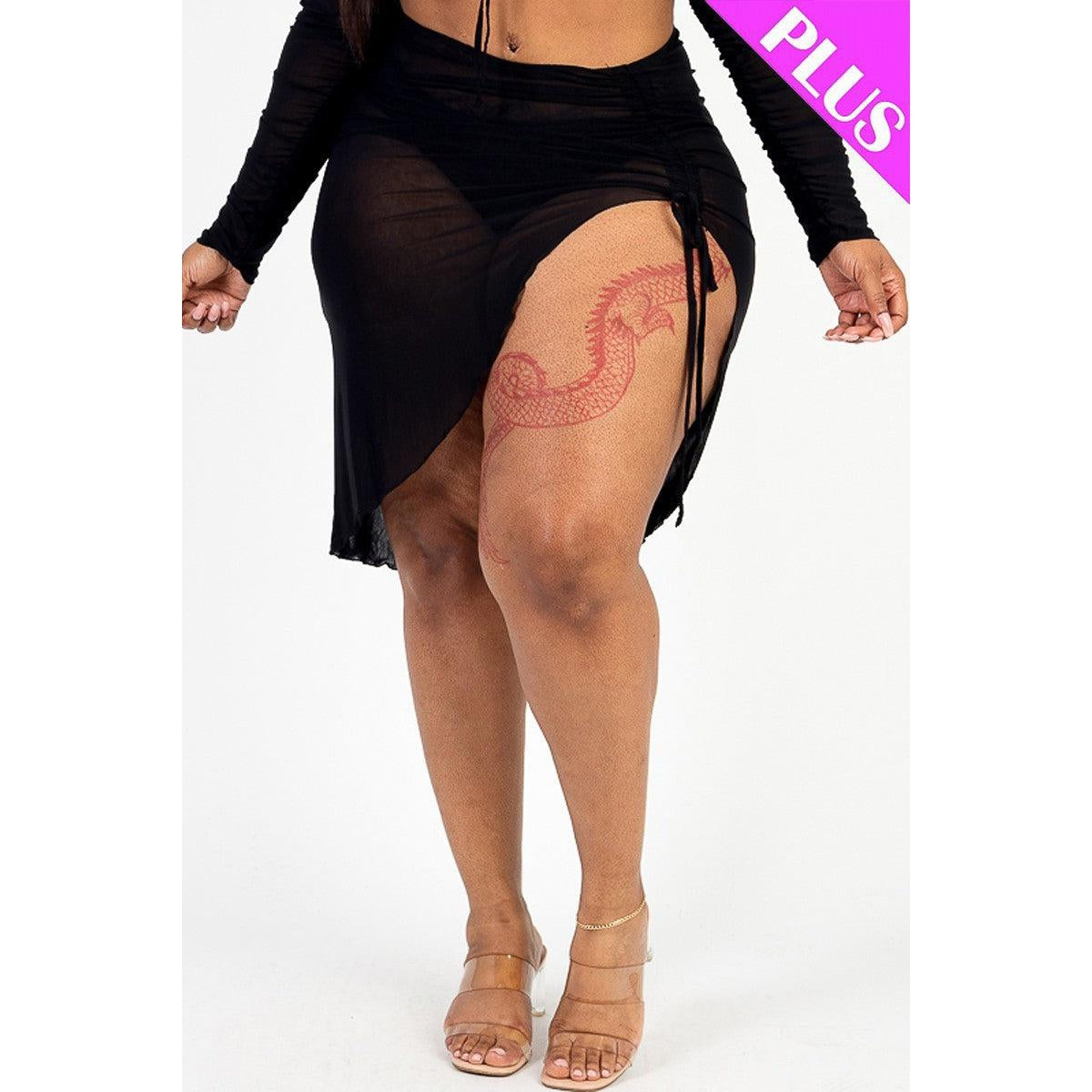 Plus Sexy Sheer Mesh Drawstring Ruched Skirt-NXTLVLNYC