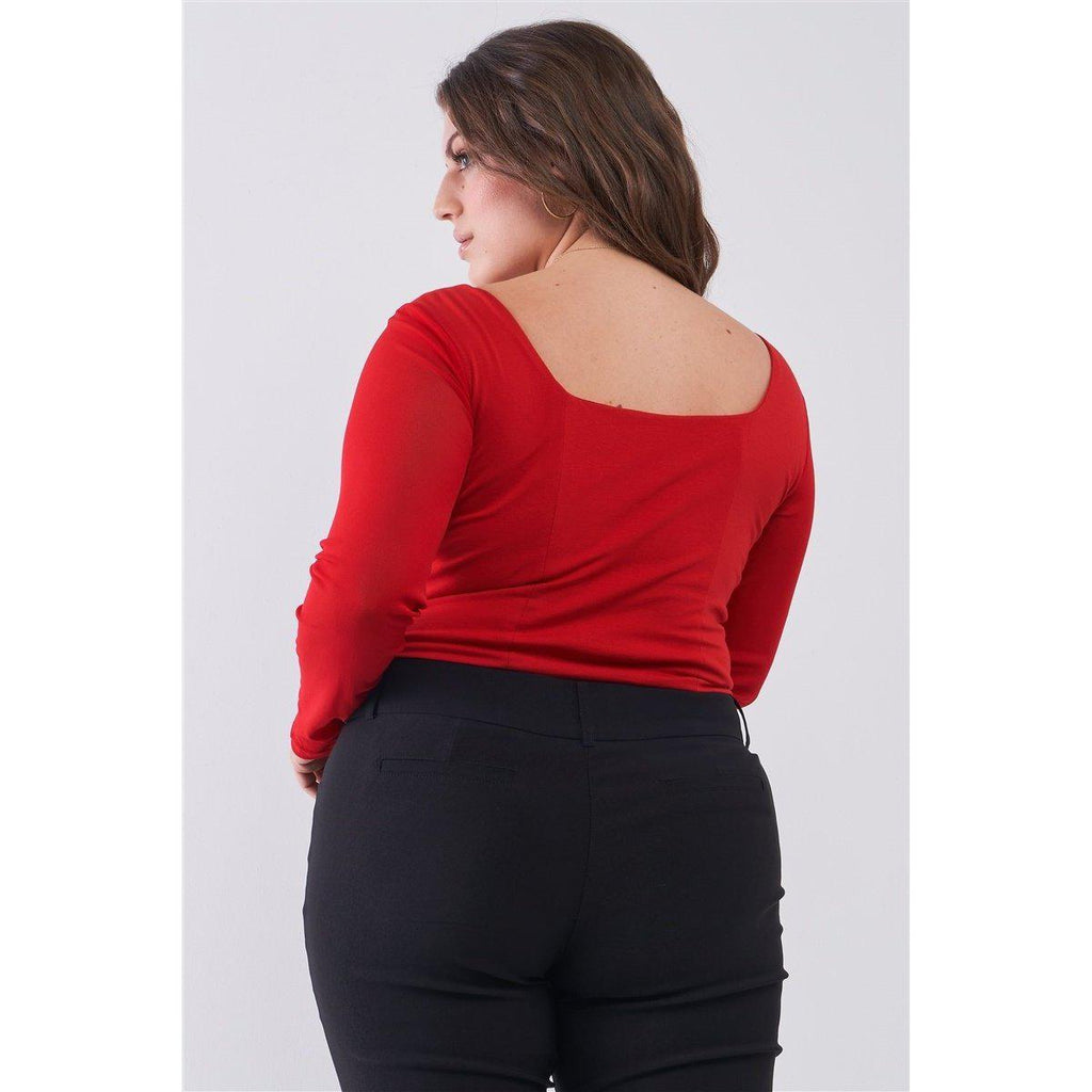 Plus Size Crimson Red Long Mesh Sleeve Sweetheart Neck Detail Structured Crop Top-Women - Apparel - Activewear - Tops-NXTLVLNYC