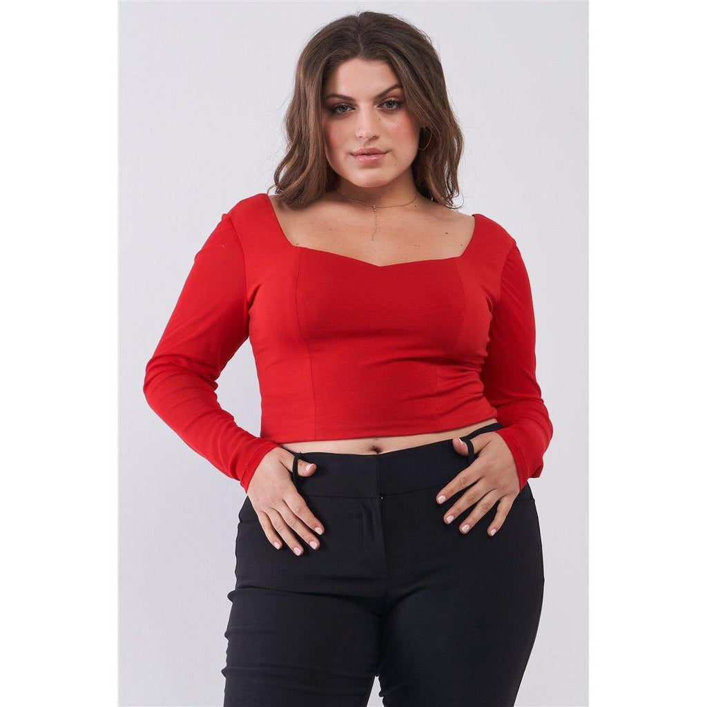 Plus Size Crimson Red Long Mesh Sleeve Sweetheart Neck Detail Structured Crop Top-Women - Apparel - Activewear - Tops-NXTLVLNYC