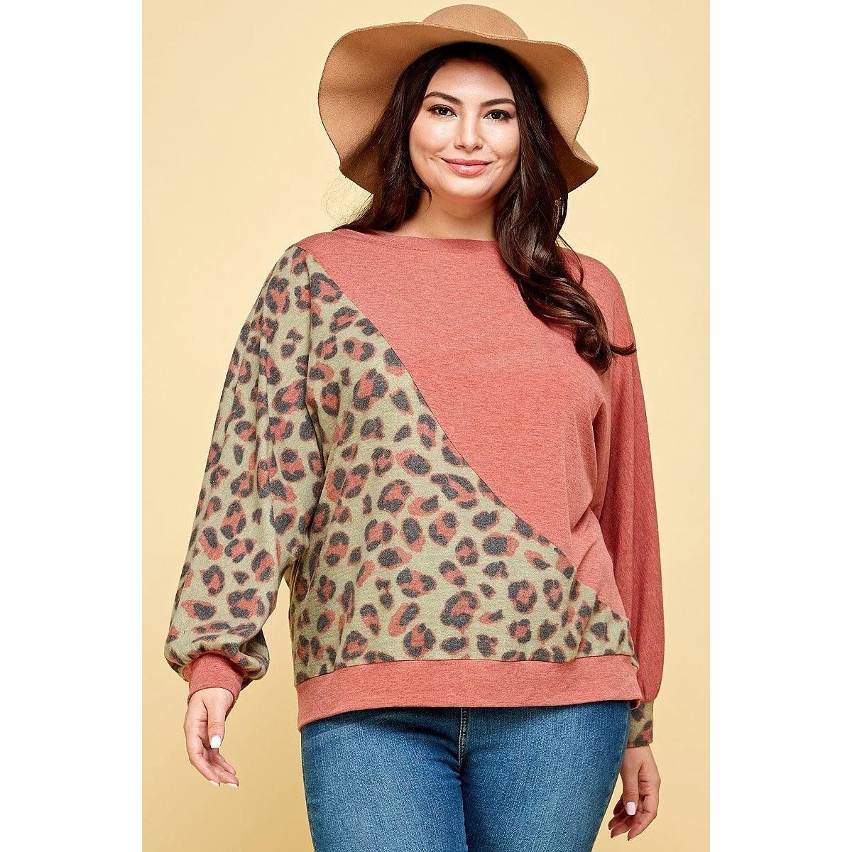 Plus Size Cute Animal French Terry Brush Contrast Print Pullover-NXTLVLNYC