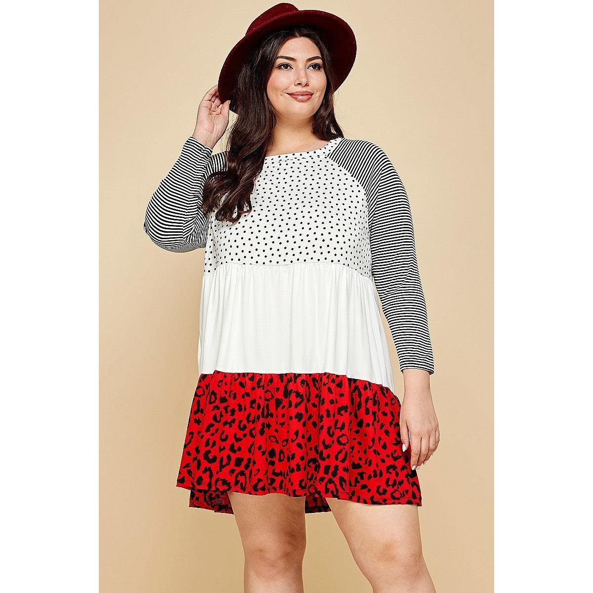 Plus Size Cute Polka Dot And Animal Print Contrast Swing Tiered Dress-NXTLVLNYC