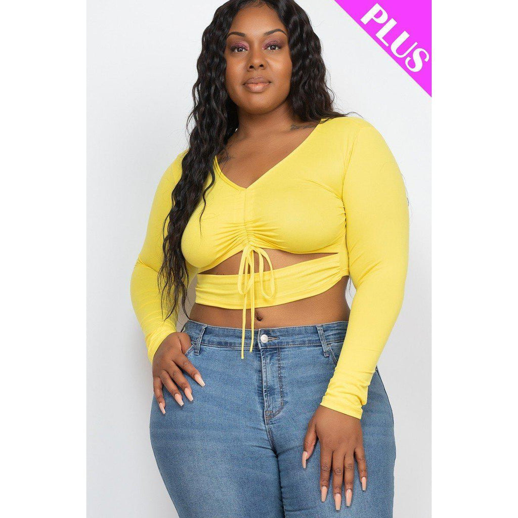 Plus Size Drawstring Ruched Cutout Crop Top-Clothing Tops-NXTLVLNYC