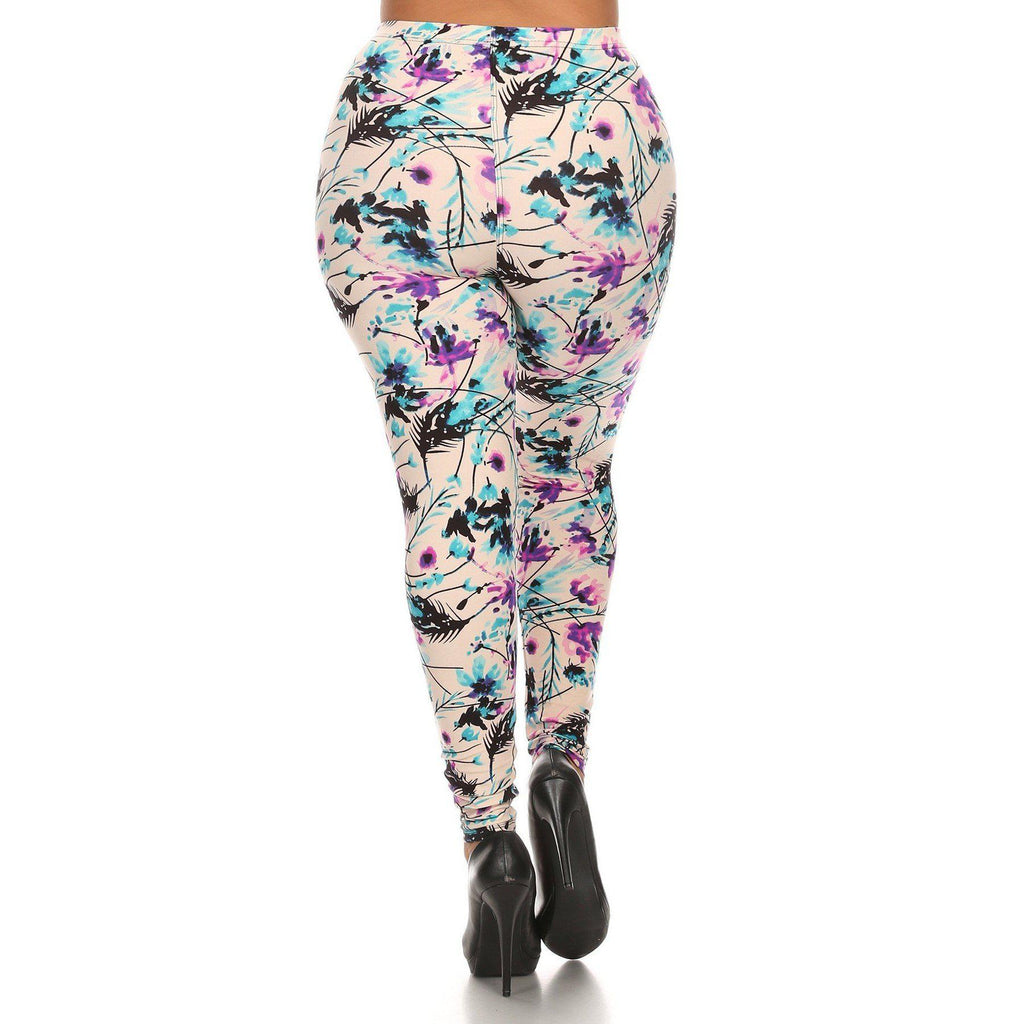 Plus Size Floral Print, Full Length Leggings In A Slim Fitting Style With A Banded High Waist-Women's Fashion - Women's Clothing - Bottoms - Pants & Capris-NXTLVLNYC