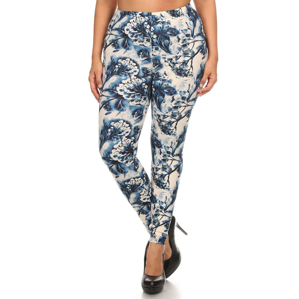 Plus Size Floral Print, Full Length Leggings In A Slim Fitting Style With A Banded High Waist-Women's Fashion - Women's Clothing - Bottoms - Pants & Capris-NXTLVLNYC