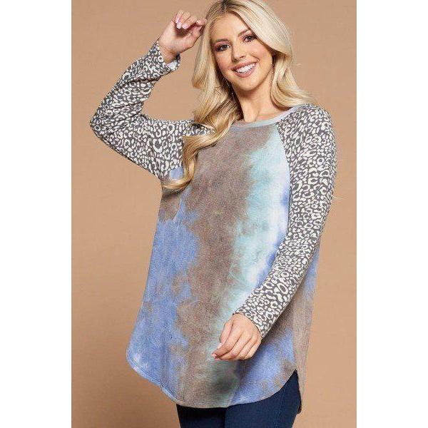 Plus Size French Terry Tie Dye Casual Color Block Top-Clothing Tops-NXTLVLNYC