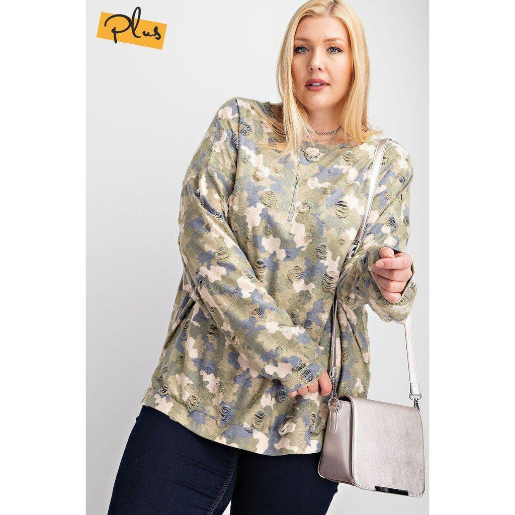Plus Size Long Sleeve Distressed Printed Rayon Pullover Top-Clothing Sweaters-NXTLVLNYC