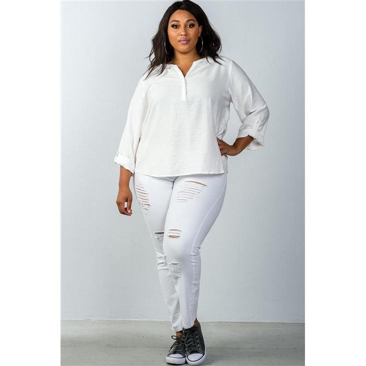 Plus Size Oatmeal Stand-up Collar Roll Tab Sleeve Blouse-NXTLVLNYC