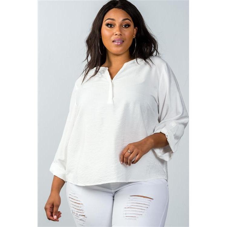 Plus Size Oatmeal Stand-up Collar Roll Tab Sleeve Blouse-NXTLVLNYC