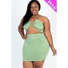Plus Size Sexy Solid Crisscross Halter Top & Ruched Mini Skirt Set-NXTLVLNYC