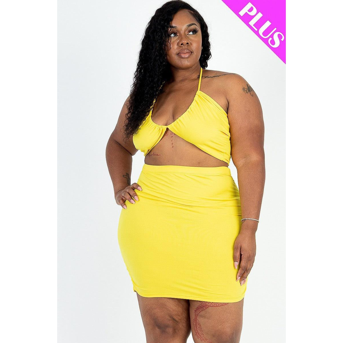Plus Size Sexy Solid Crisscross Halter Top & Ruched Mini Skirt Set-NXTLVLNYC