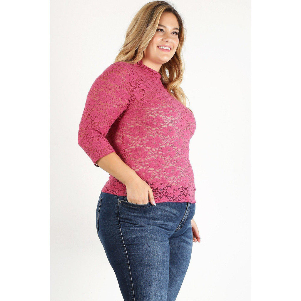 Plus Size Sheer Lace Fitted Top-Clothing Tops-NXTLVLNYC