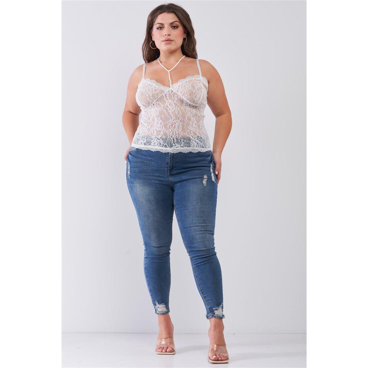 Plus Size Sleeveless Sheer Lace Halter Neck Detail Bustier Top-Clothing Tops-NXTLVLNYC