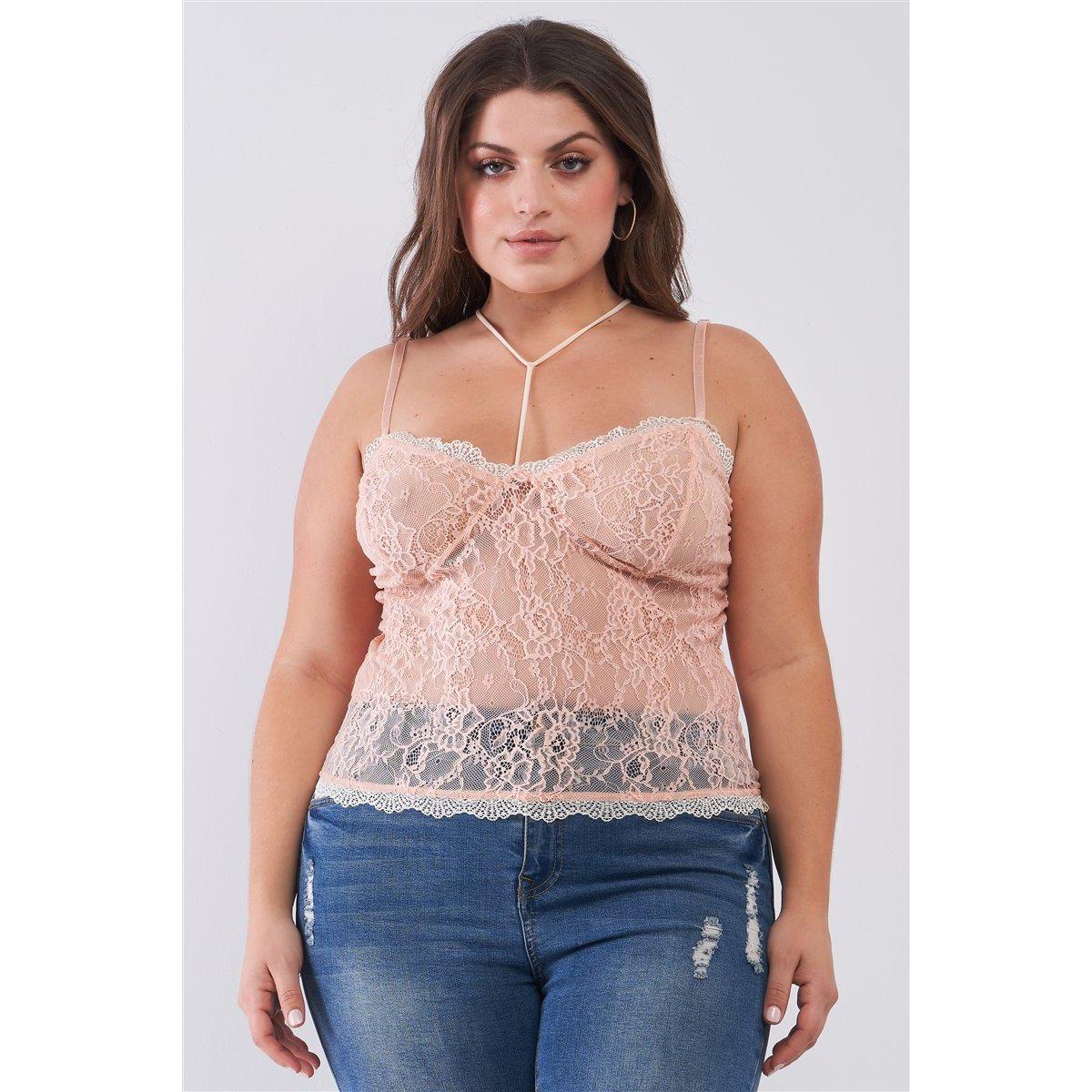 Plus Size Sleeveless Sheer Lace Halter Neck Detail Bustier Top-Clothing Tops-NXTLVLNYC