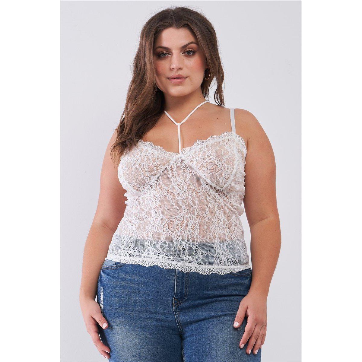 Plus Size Sleeveless Sheer Lace Halter Neck Detail Bustier Top –
