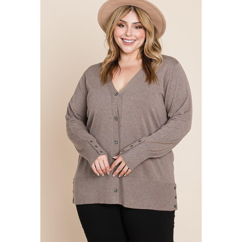 Plus Size Solid Buttery Soft V Neck Button Up High Quality Two Tone Knit Cardigan-Women's Fashion - Women's Clothing - Sweaters - Cardigans-NXTLVLNYC
