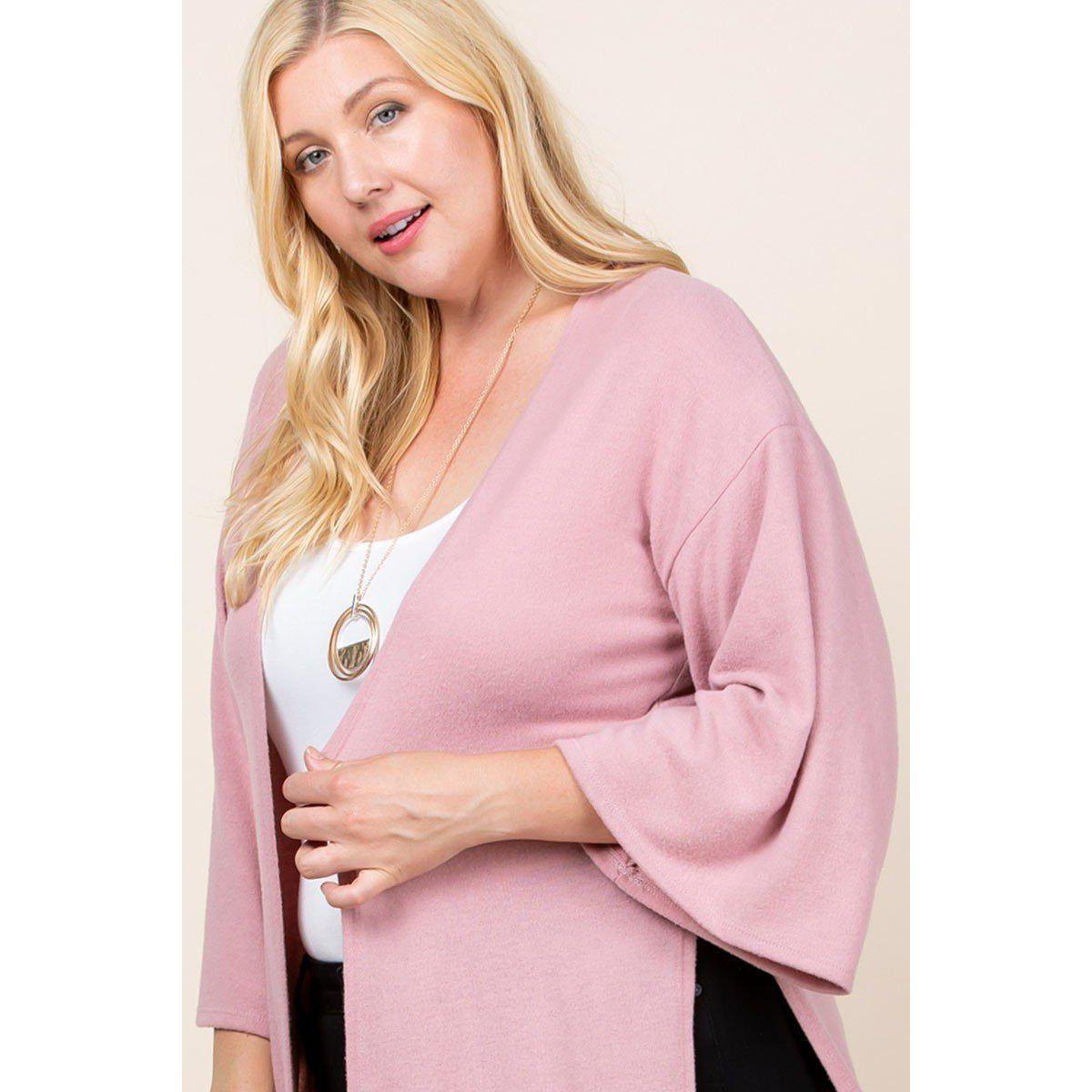 Plus Size Solid Hacci Brush Open Front Long Cardigan With Bell Sleeves-Clothing Sweaters-NXTLVLNYC