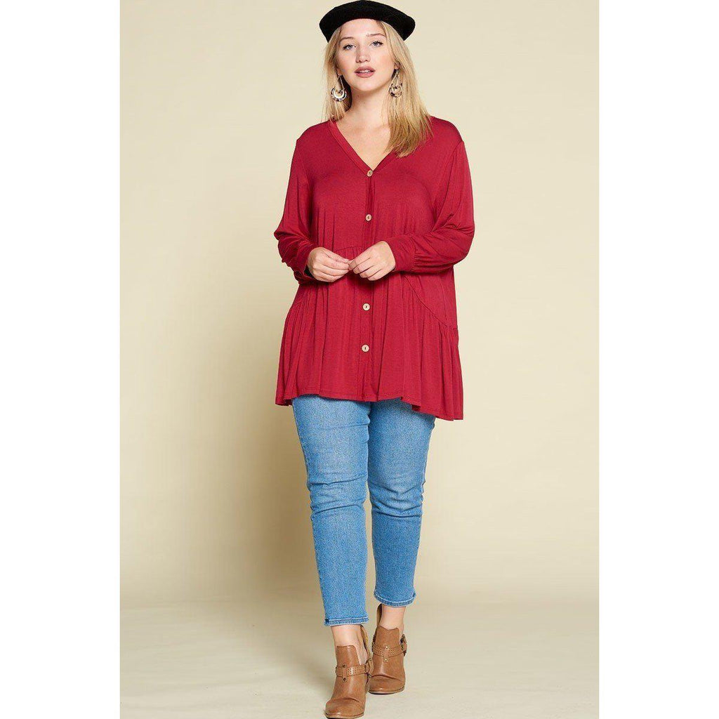 Plus Size Solid Heavy Rayon Modal Jersey Faux Button Up-Clothing Tops-NXTLVLNYC