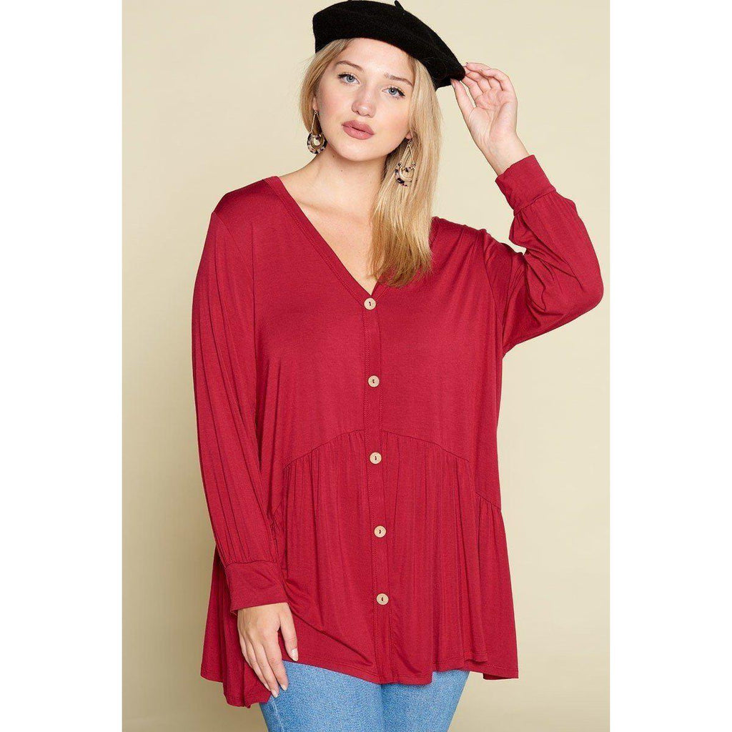 Plus Size Solid Heavy Rayon Modal Jersey Faux Button Up-Clothing Tops-NXTLVLNYC
