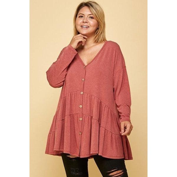 Plus Size Solid Long Sleeves Button Up Swing Tunic Top With Ruched Detail-NXTLVLNYC