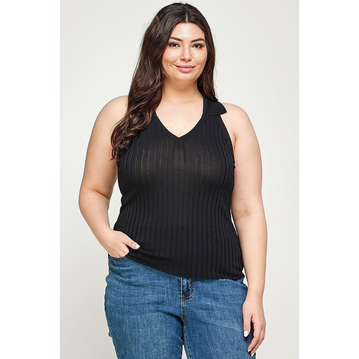 Plus Size, Solid Ribbed Knit Polo Sleeveless Top-NXTLVLNYC
