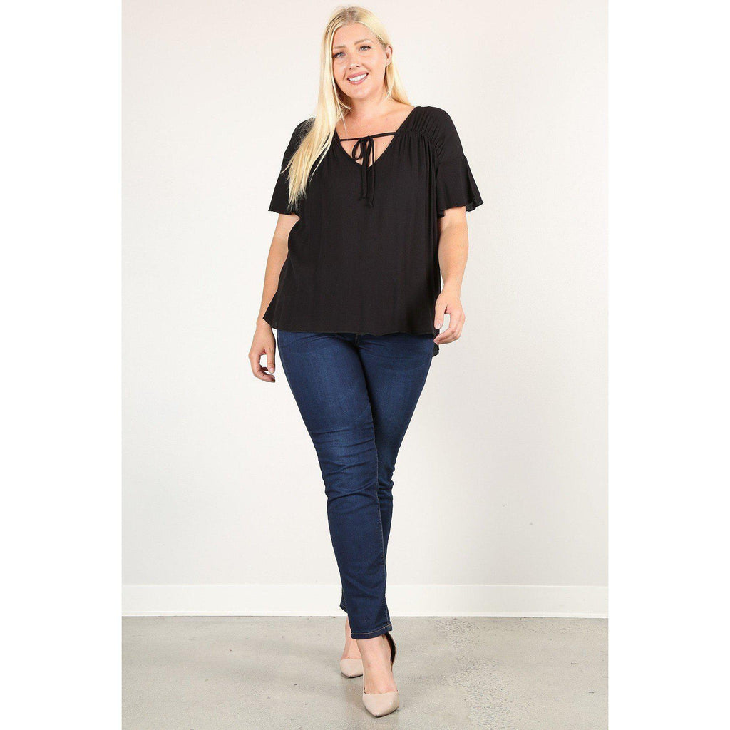 Plus Size Solid Top With A Necktie, Pleated Detail, And Flutter Sleeves-Clothing Tops-NXTLVLNYC