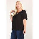 Plus Size Solid Top With A Necktie, Pleated Detail, And Flutter Sleeves-Clothing Tops-NXTLVLNYC