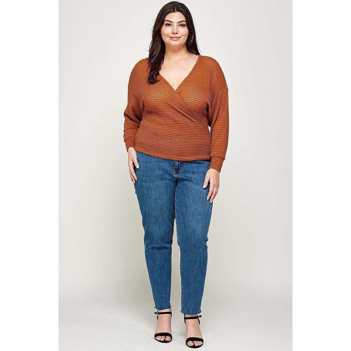 Plus Size Textured Waffle Sweater Knit Top-NXTLVLNYC