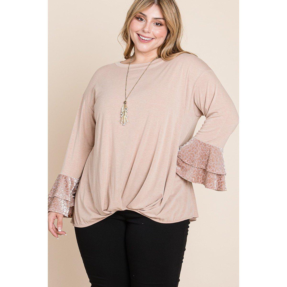 Plus Size Two Tier Velvet Animal Mesh Sleeves Solid Knit Top-Clothing Tops-NXTLVLNYC