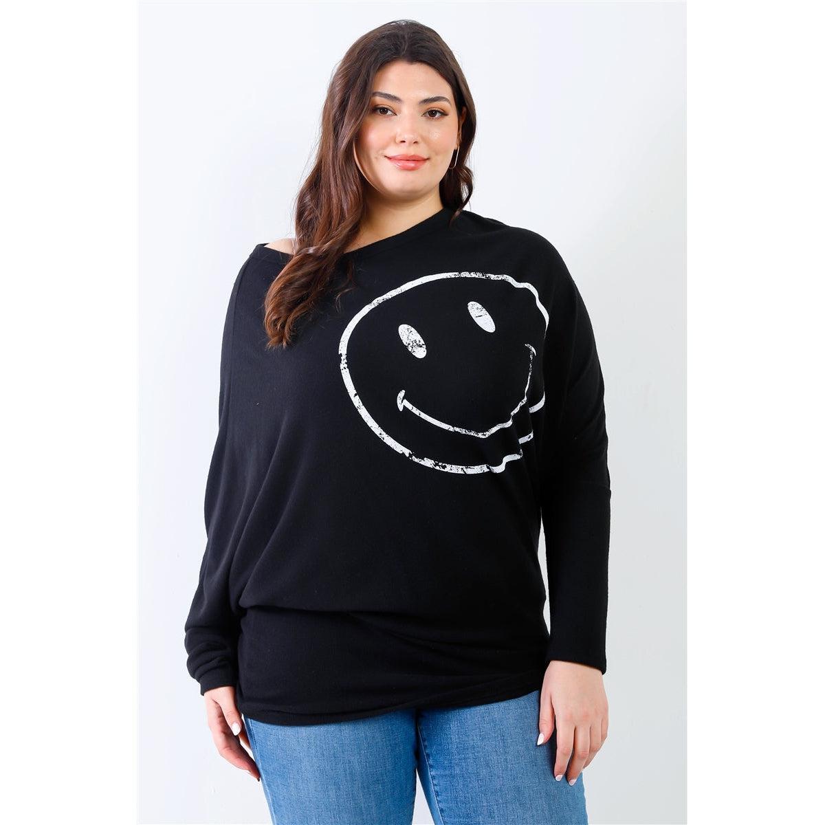 Plus Smile Front Print Flannel Dolman Sleeve Top-NXTLVLNYC