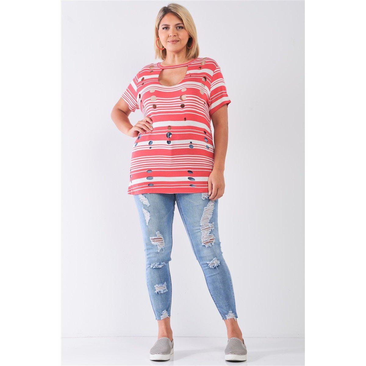 Plus Striped And Distressed Cut-out Top-NXTLVLNYC