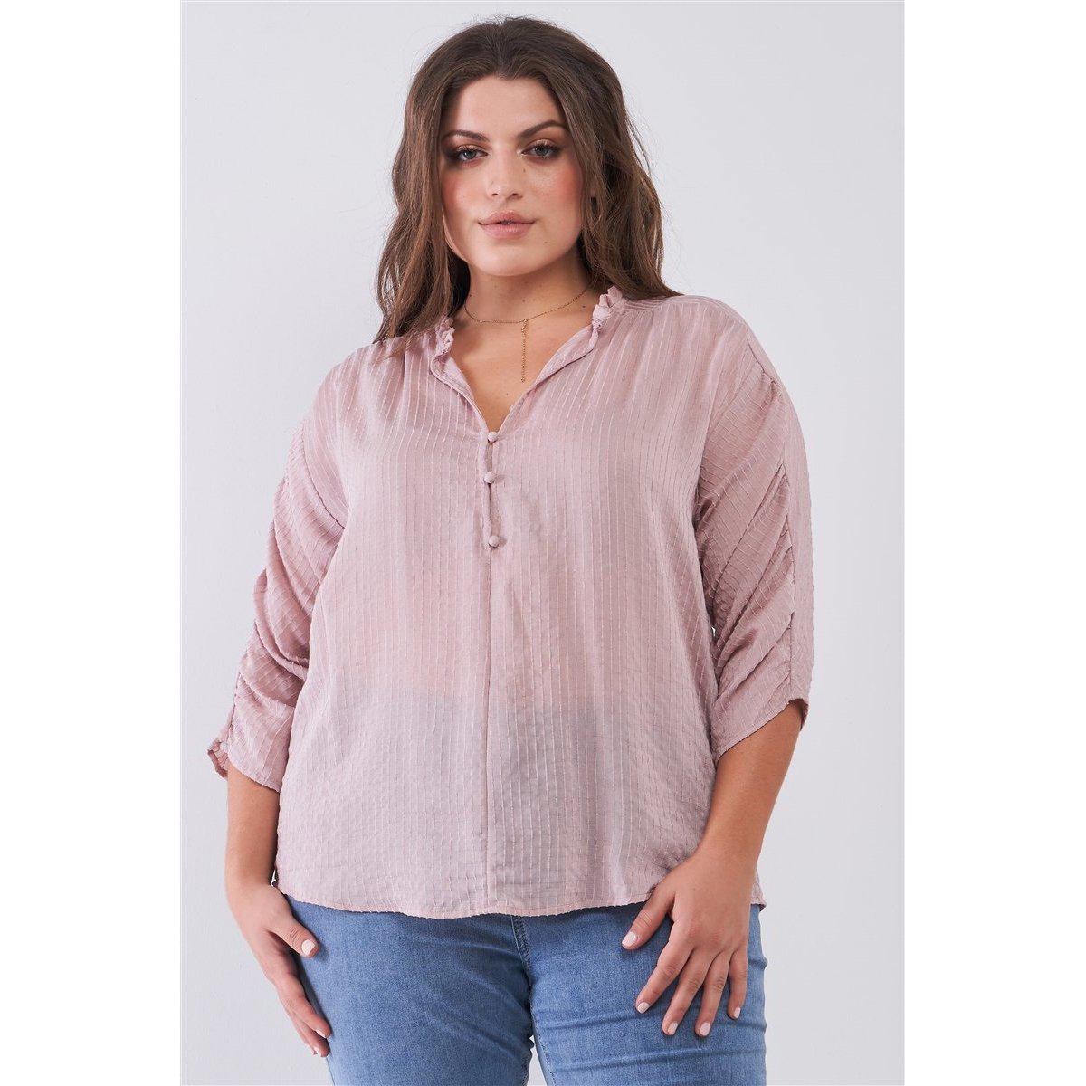 Plus Striped Frill Neck Gathered Sleeve Detail Button-down Relaxed Boho Top-Clothing Tops-NXTLVLNYC