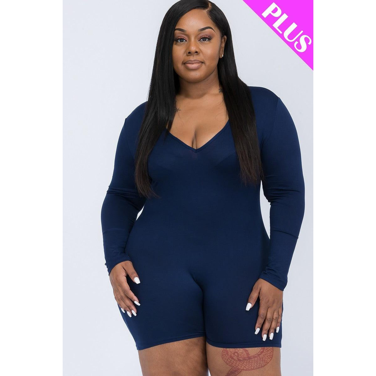 Plus V-neck Long Sleeve Bodycon Romper-NXTLVLNYC