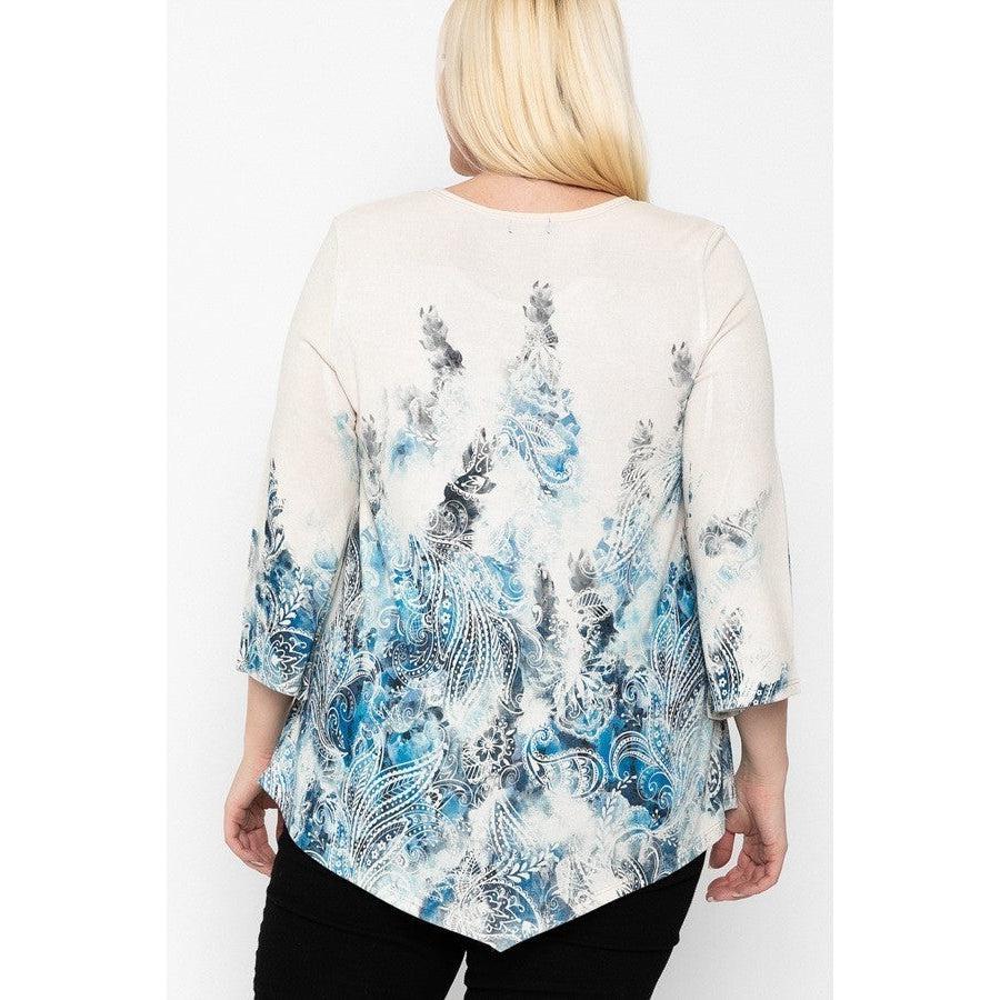 Print Top Featuring A Round Neckline And 3/4 Bell Sleeves-NXTLVLNYC