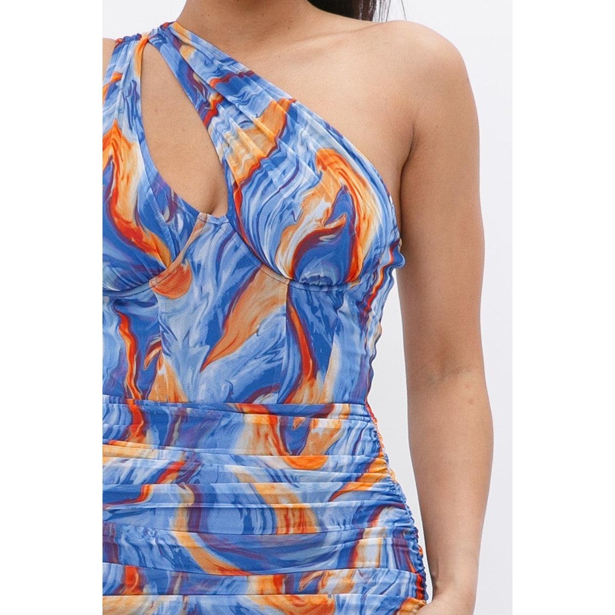 Printed One Shoulder Mini Dress-Dresses-NXTLVLNYC