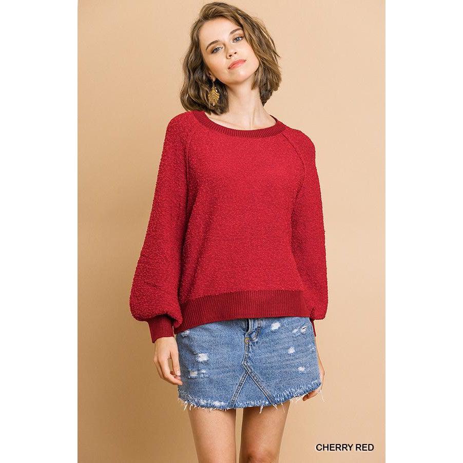 Puff Sleeve Boat Neck Sweater-Clothing Tops-NXTLVLNYC