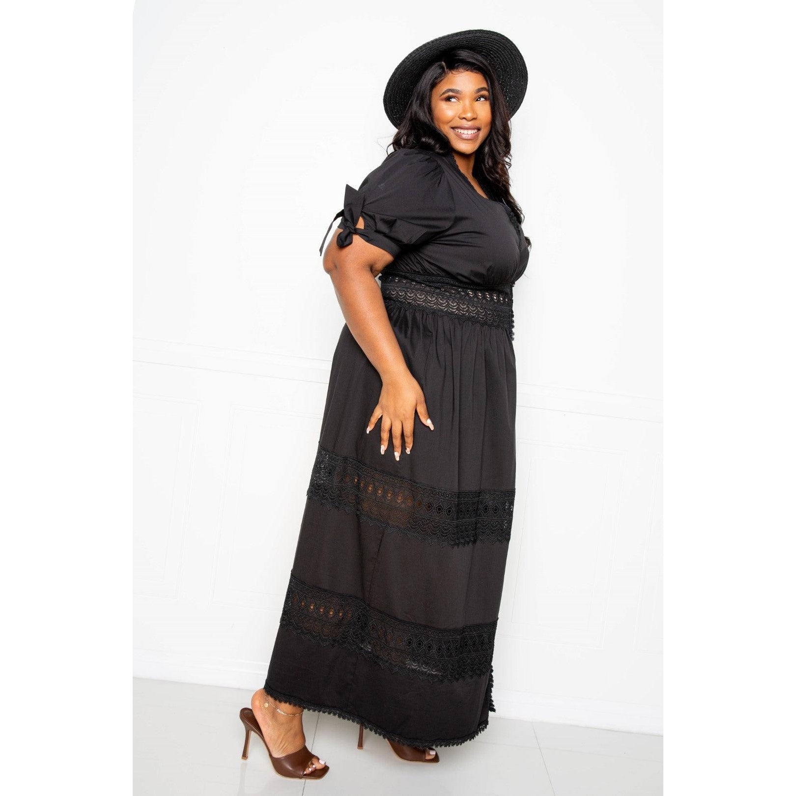 Puff Sleeve Maxi Dress With Lace Insert-NXTLVLNYC