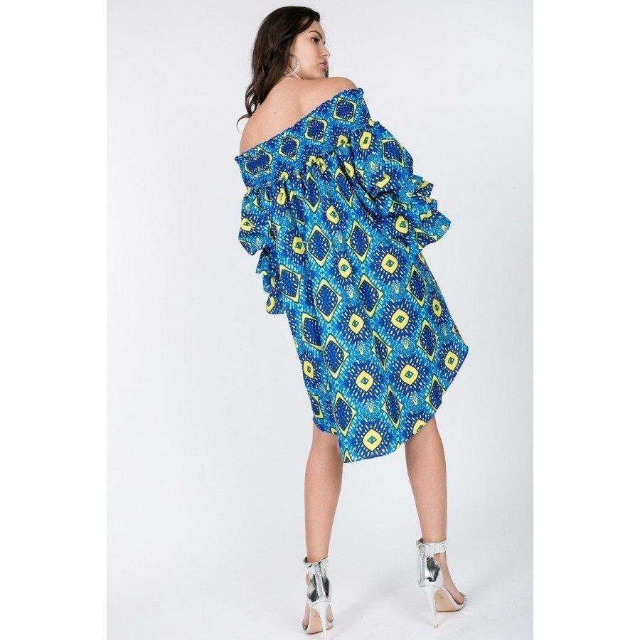 Puffy Ruffle Sleeve Smocking Off Shoulder Print Midi Dress-Dresses-NXTLVLNYC