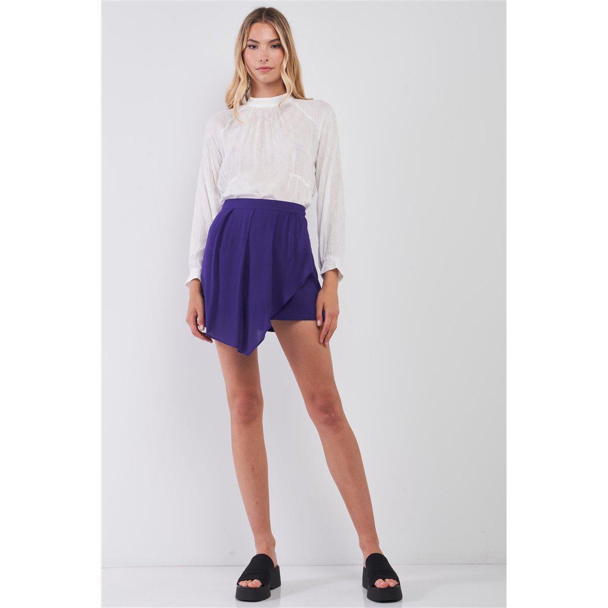 Purple High-waisted Asymmetrical Wrap Pleated Front Mini Skirt-Clothing Dresses-NXTLVLNYC