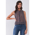 Purple & Multi Sleeveless Mock Neck Front Button Down Sheer Blouse Top-NXTLVLNYC