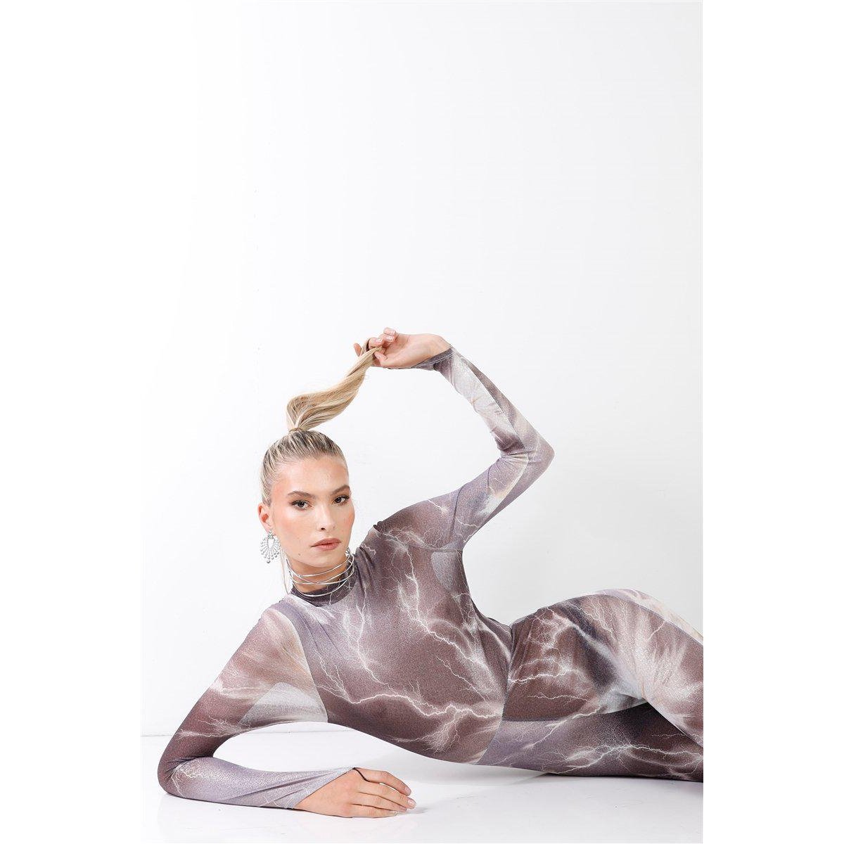 Purple-grey Lightning Print Mock Neck Long Sleeve With Finger Loop Fitted Catsuit /jumpsuit-NXTLVLNYC