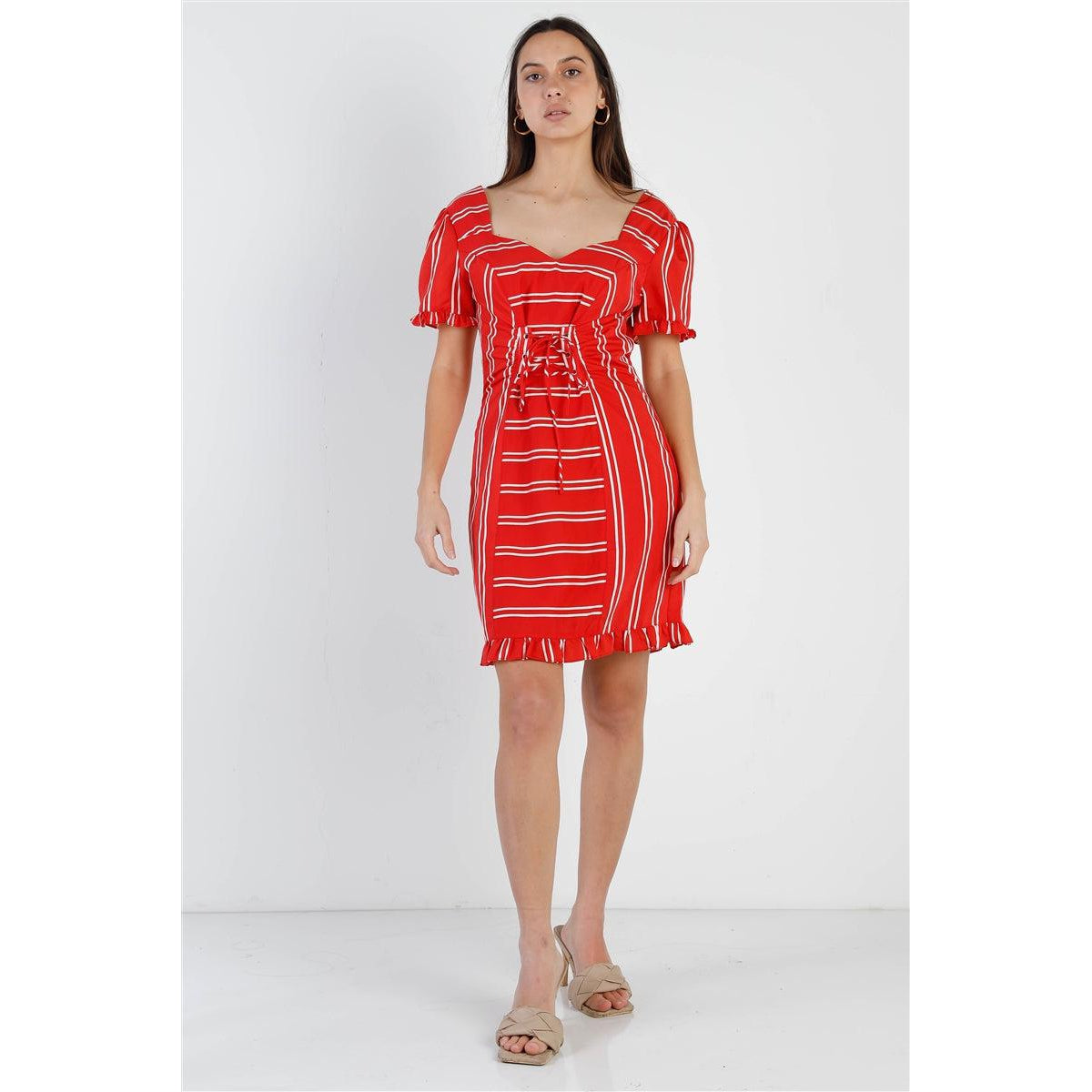 Red Stripe Lace Up Front Detail Ruffle Trim Balloon Sleeve Dress-NXTLVLNYC