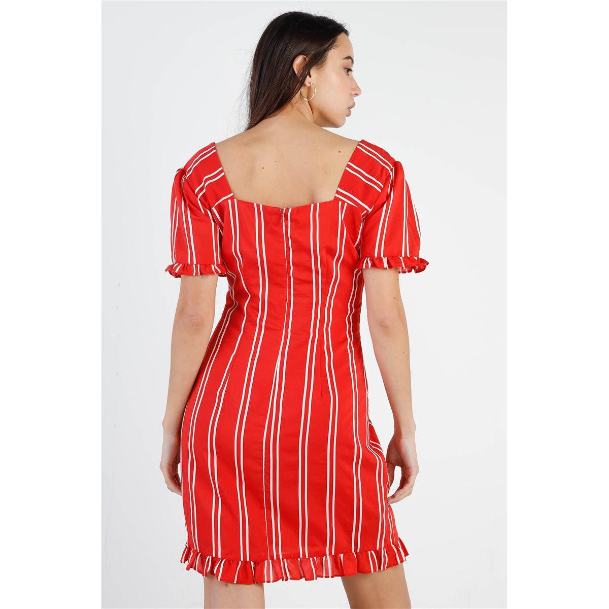 Red Stripe Lace Up Front Detail Ruffle Trim Balloon Sleeve Dress-NXTLVLNYC