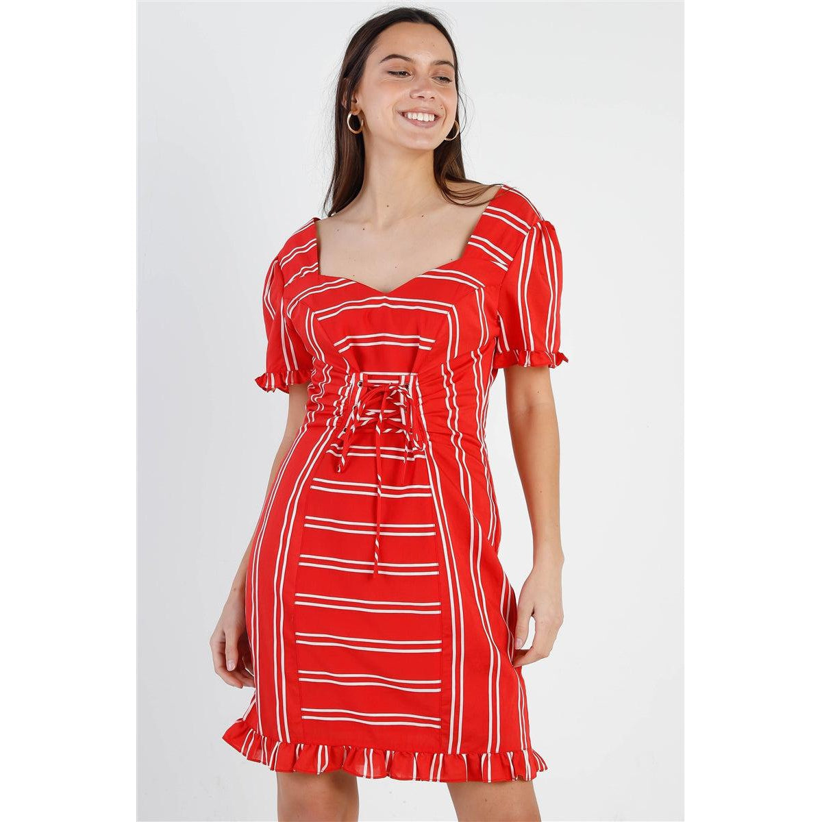 Red Stripe Lace Up Front Detail Ruffle Trim Balloon Sleeve Dress-NXTLVLNYC