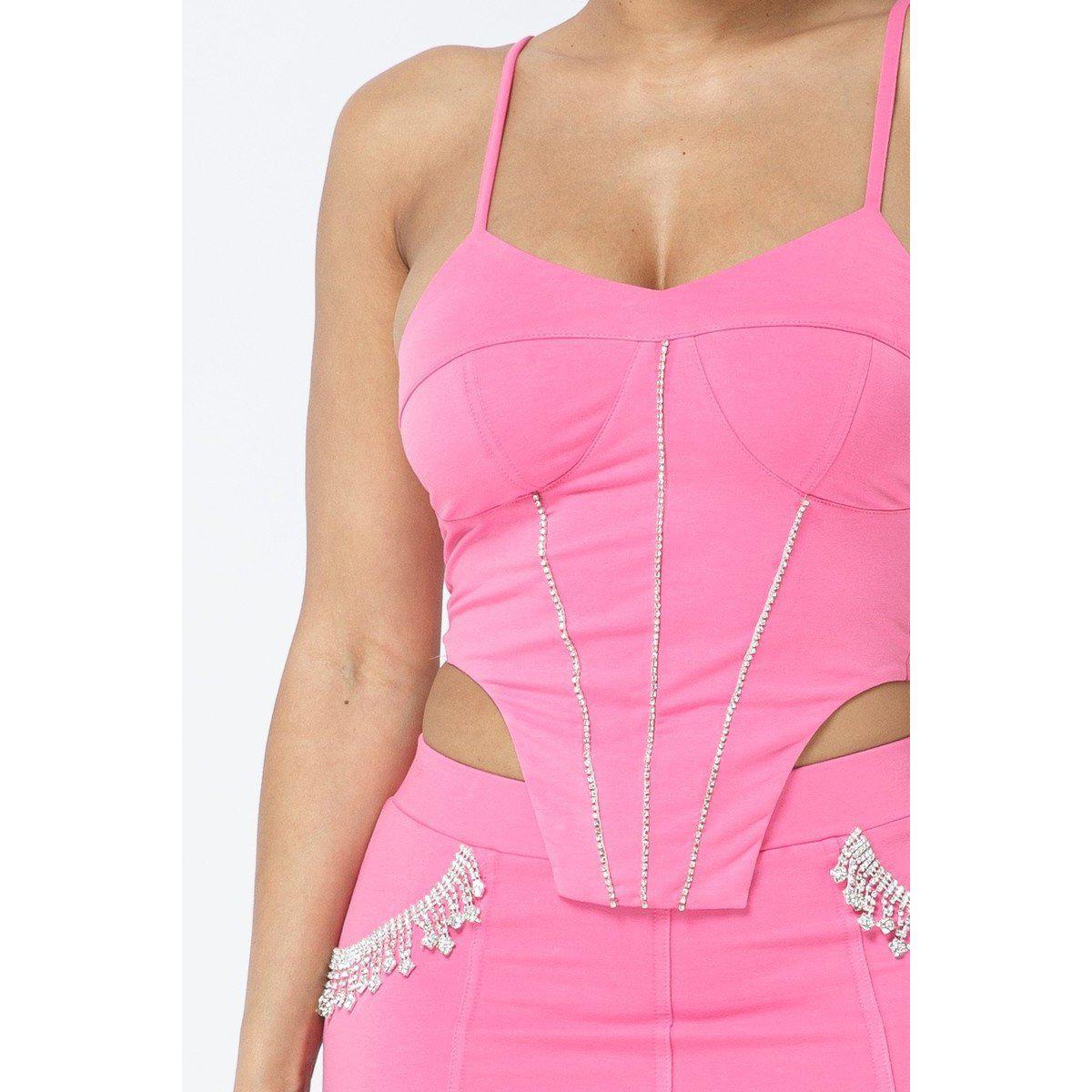 Rhinestone Detailed Strappy Cropped Top With Matching Rhinestone Pocket Detail Mini Skirt-Clothing Dresses-NXTLVLNYC