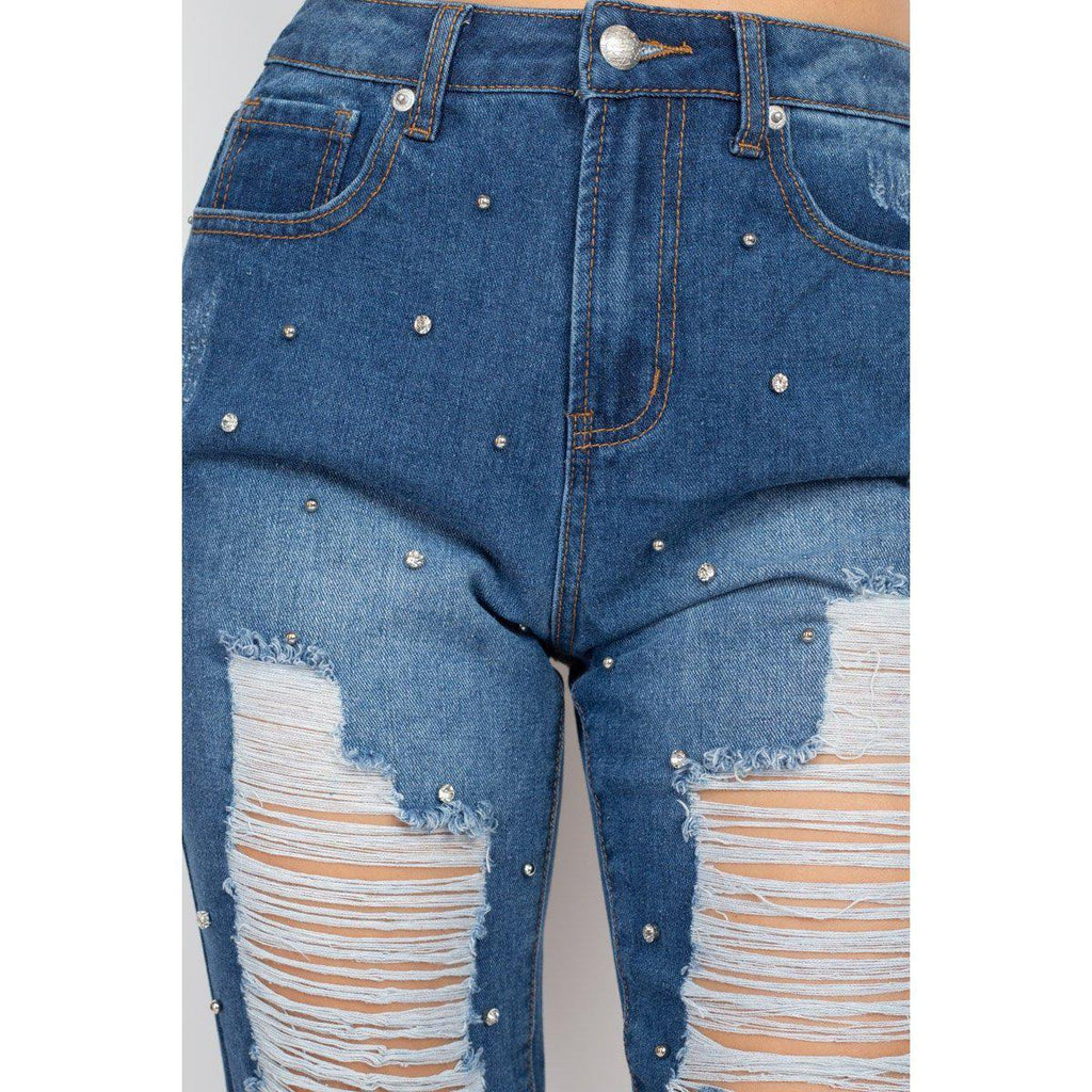 Rhinestones Ripped-front Denim Jeans-pants-NXTLVLNYC