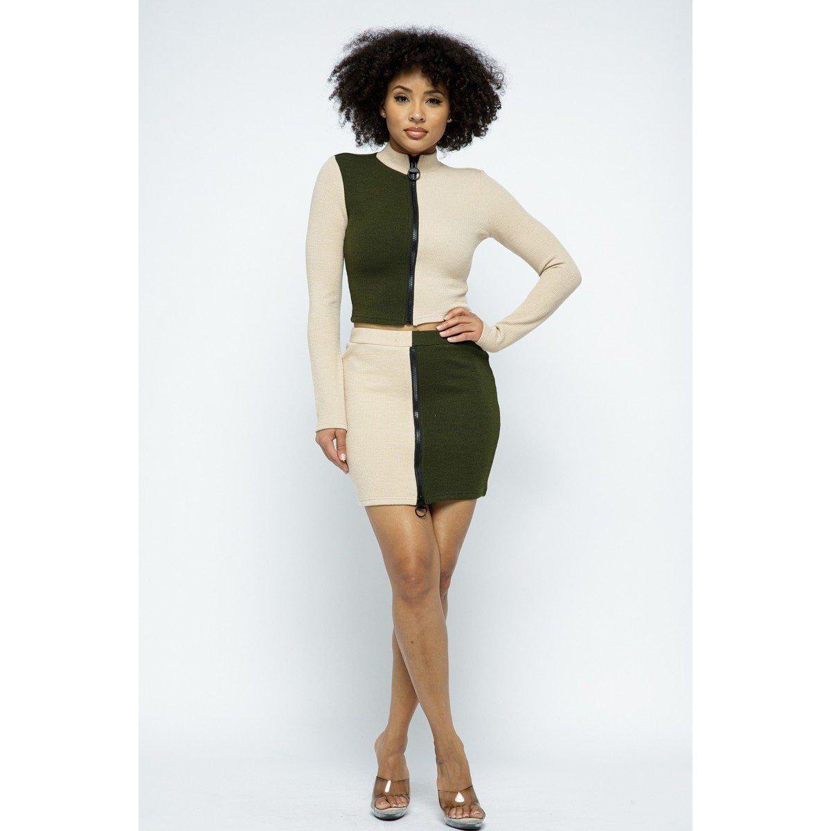 Rib Color Block Mock Neck Long Sleeve High-waist Mini Skirt With Front Zipper Set-Women - Apparel - Dresses - Casual-NXTLVLNYC